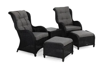 Marcus Caféset med 2 Öronlappsfåtöljer med Fotpall m Dyna - Svart - Products - Utemöbler & utemiljö - Utegrupp - Cafegrupp & cafeset