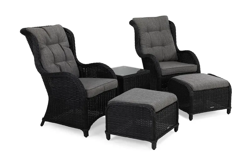 Marcus Caféset med 2 Öronlappsfåtöljer med Fotpall m Dyna - Svart - Products - Utemöbler & utemiljö - Utegrupp - Cafegrupp & cafeset