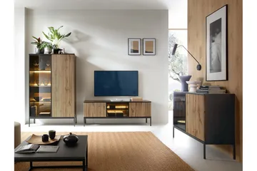 Klinkerville Möbelset Vardagsrum med Belysning TV-bänk vitrin - Svart Trä / Brun / Ribbad / Glas - Products - Förvaring - Förvaringsmöbler - Möbelset för vardagsrum