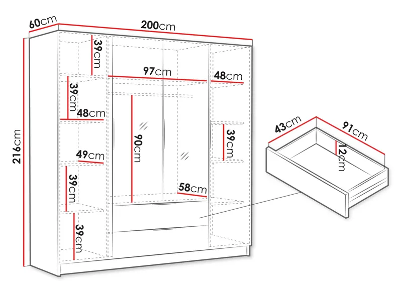 Herrljunga Garderob med Spegel 200x215 cm med lådor - Brun/Svart/Spegel - Products - Förvaring - Garderober & garderobssystem