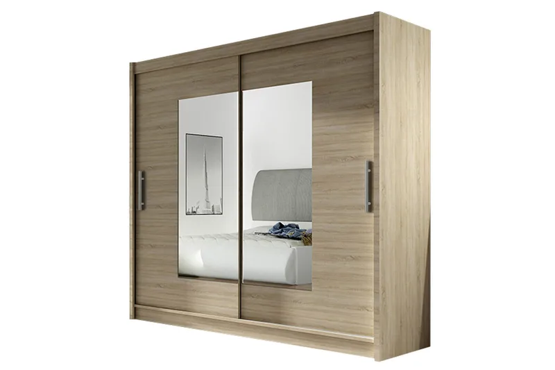 Prag Garderob Skjutdörrar Smal Fyrkantig Spegel, Beige/Trä/Natur