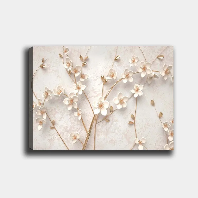 Canvastavla 70x100 cm - Stiliserad blomsterdesign med vita blommor och gyllene detaljer, Vit / Guld