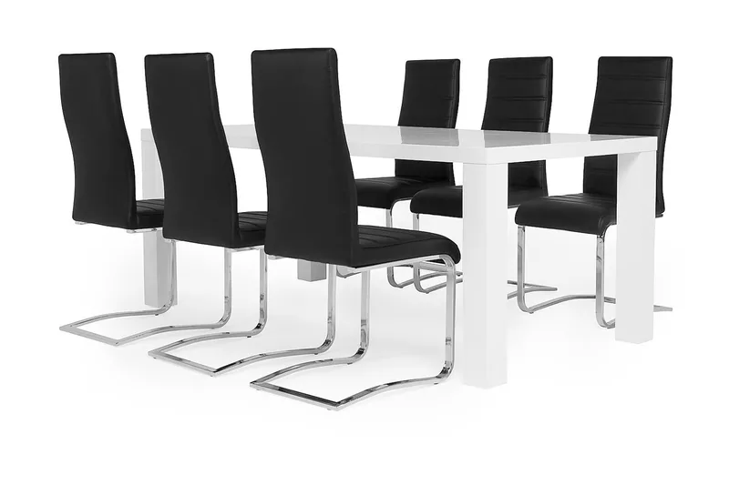 Cibus Matgrupp 180 cm med 6 Stolar, Vit/Svart Konstläder