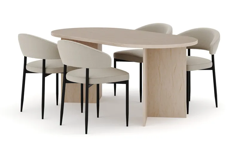 Dano Matbord 180 cm  med 4 Sawako Matstolar, Travertin / Beige