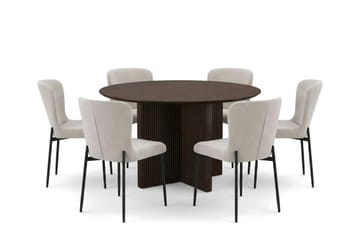 Edda Matgrupp runt 130 cm Rökt Ek med 6 Elsie Matstolar, Rökt ek/Beige