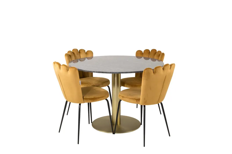 Estelle Matgrupp 106 cm Rund med 4 Limhamn stolar, Svart/Guld