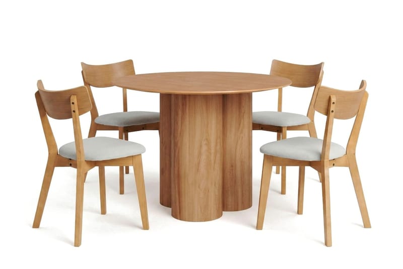 Juno Matgrupp 110 cm runt i Ek med 4 Amelia Matstolar med Dyna - Ek/Beige - Products - Möbler - Bord & matgrupp - Matgrupp