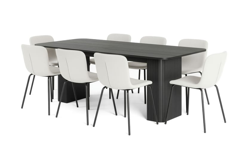 Kopparbo Matbord 200-260 cm F örlängningsbart med 8 Katy Matstolar, Svart / Vit Bouclé / Metallben Svart