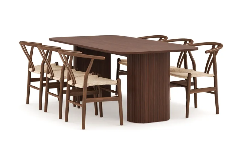 Kopparbo Matgrupp 200 cm med 6 Dastoori Matstol, Brun / Beige / Trä / Ribbad