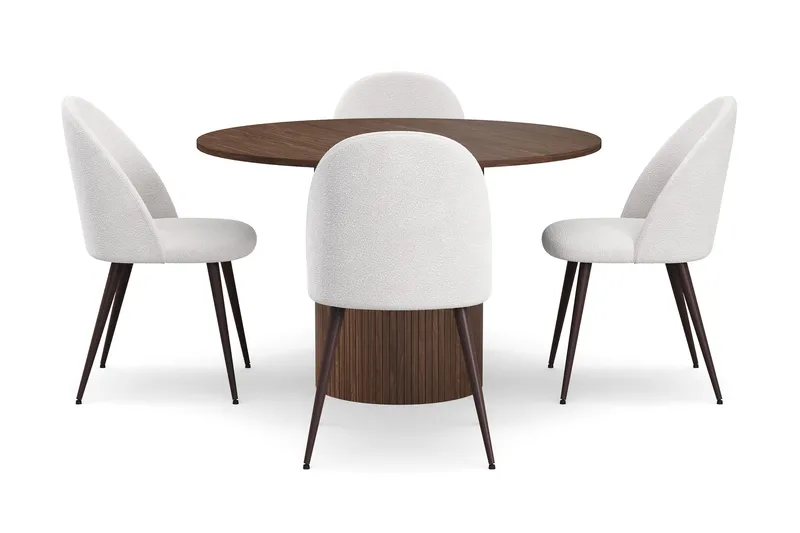 Kopparbo Runt Matbord 120 cm med 4 Nibe Plus Matstolar - Mörkbrun / Vit Bouclé / Metallben Valnöt - Products - Möbler - Bord & matgrupp - Matgrupp