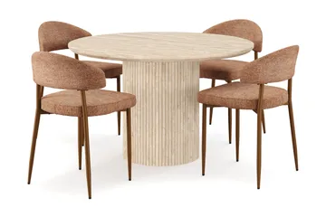 Kopparbo Runt Matbord 120cm Travetin utseende med 4 st Jairam Matstolar, Beige