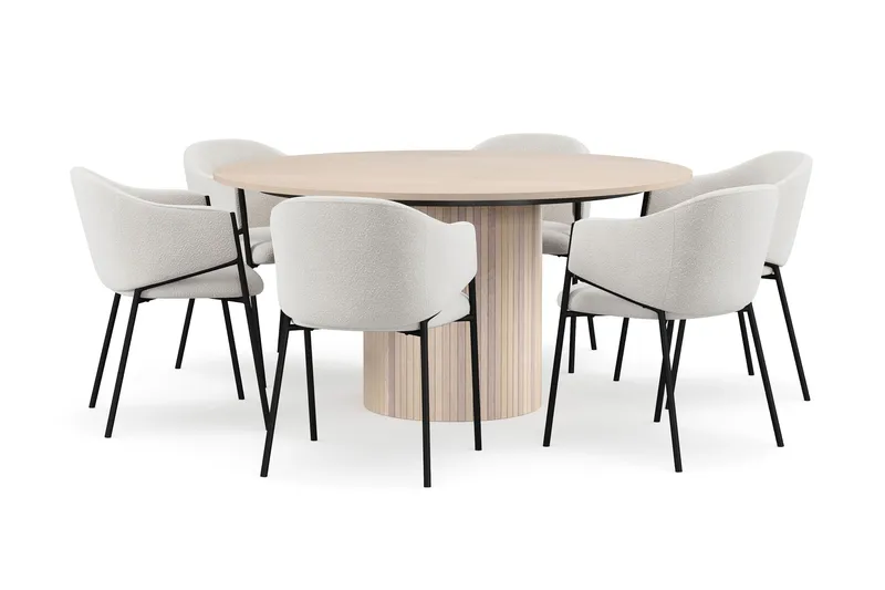 Kopparbo Runt Matbord 150 cm med 6 Filip Matstolar, Vit / Vit Bouclé