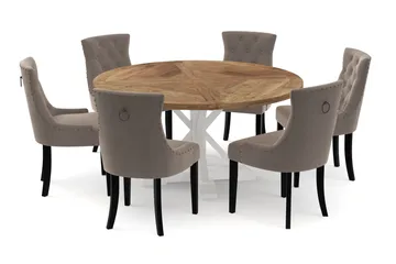 Lyon Matbord 150 cm Runt med 6st Viktoria Matstol - Natur/Vit - Products - Möbler - Bord & matgrupp - Matgrupp