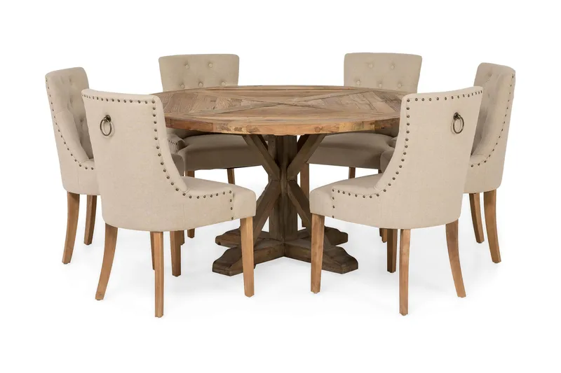 Lyon Matgrupp Ø150 cm Rund med 6 st Viktoria Stolar, Vintage Alm/Beige