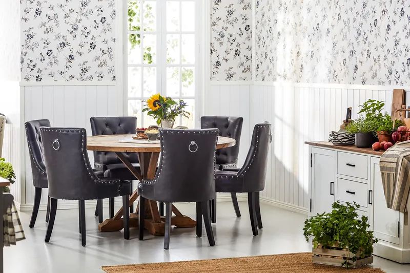 Lyon Rund Matgrupp 150 cm med 6 Tuva Stolar - Brun Vintage Alm / Svart Pu - Products - Möbler - Bord & matgrupp - Matgrupp