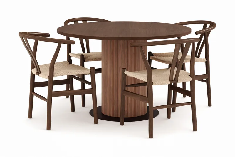 Noira Matgrupp 120 cm Massiv Valnöt Rund med 4 Dastoori Matstol - 2220070-4,2098428-1, Brun / Beige / Valnöt