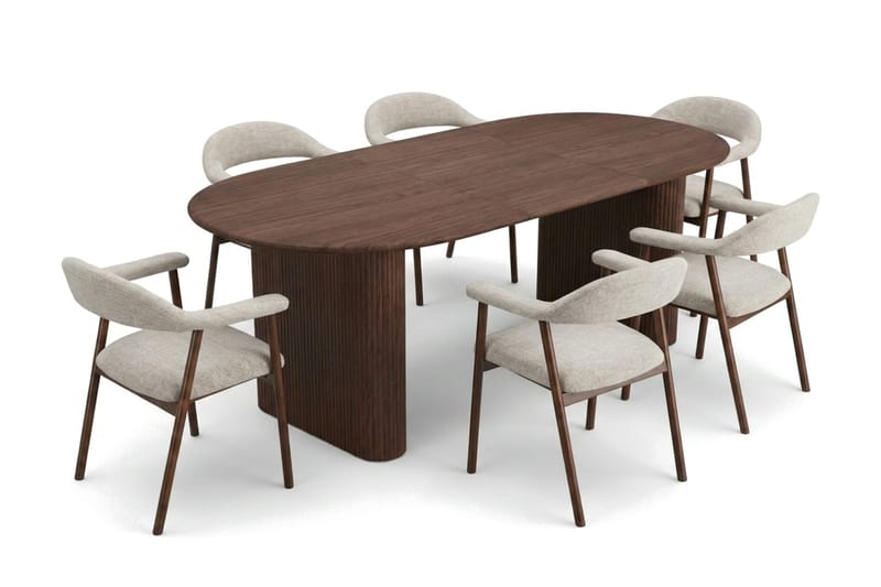Noira Matgrupp 160-220 cm förlängningsbart i Valnöt med 6 Ronja Matstolar - Sand/Valnöt - Products - Möbler - Bord & matgrupp - Matgrupp