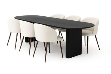 Noira Ovalt Matbord 220 cm med 6 Greya Matstolar med armstöd - Svart / Vit Bouclé / Metallben Valnöt - Products - Möbler - Bord & matgrupp - Matgrupp