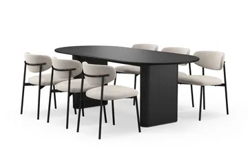 Noira Ovalt Matbord 220 cm med 6 Lucy Matstolar - Svart / Greige Bouclé / Metallben Svart - Products - Möbler - Bord & matgrupp - Matgrupp