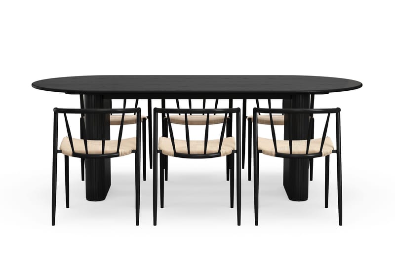 Noira Ovalt Matbord 220 cm med 6 Winston Matstolar - Svart / Beige / Metallben Svart - Products - Möbler - Bord & matgrupp - Matgrupp