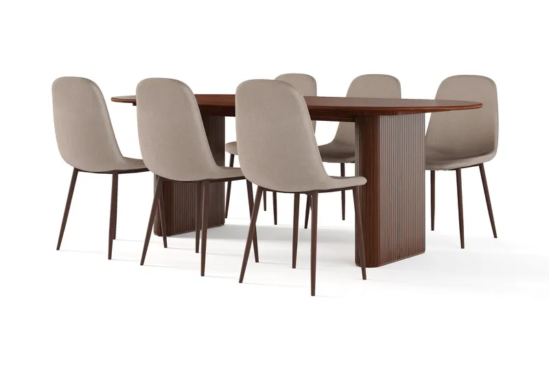 Noira Ovalt Matbord 220 cm Valnöt +  6 st Nibe stol brun med valnöt ben, Brun