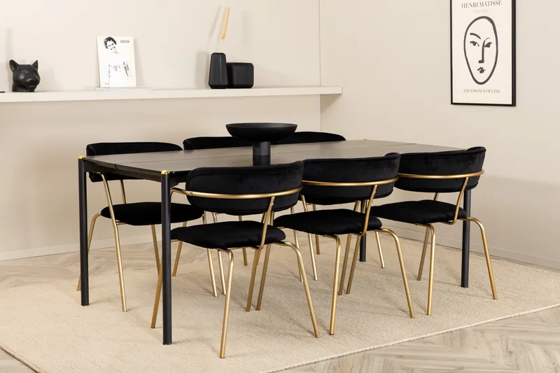 Pelle Matgrupp 190 cm Rektangulär med 6 Arrow stolar - Svart/Guld - Products - Möbler - Bord & matgrupp - Matgrupp