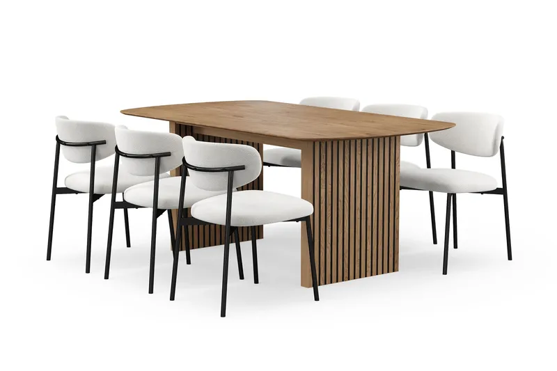 Richeto Matbord 180 cm med 6 Lucy Matstolar, Naturlig finish / Vit Bouclé / Metallben Svart