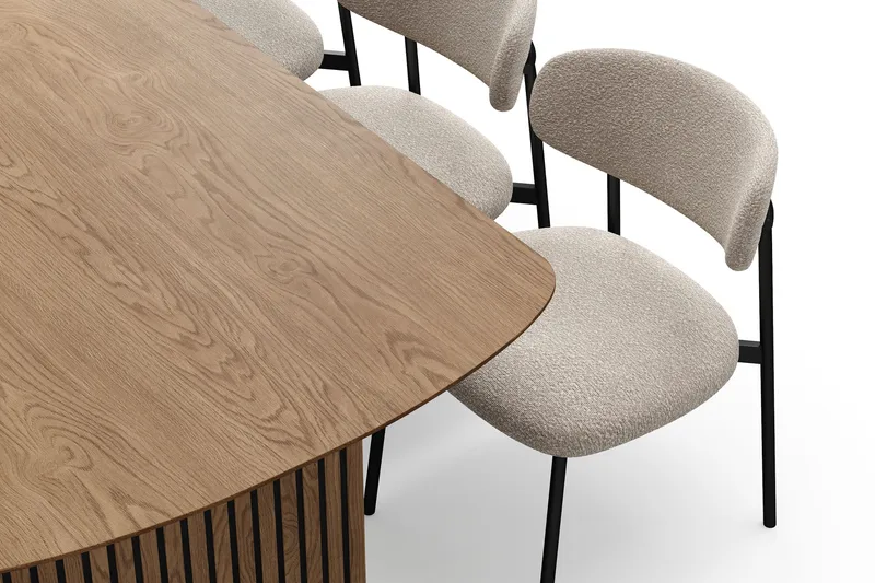 Richeto Matbord 210 cm med 6 Lucy Matstolar - Naturlig finish / Greige Bouclé / Metallben Svart - Products - Möbler - Bord & matgrupp - Matgrupp