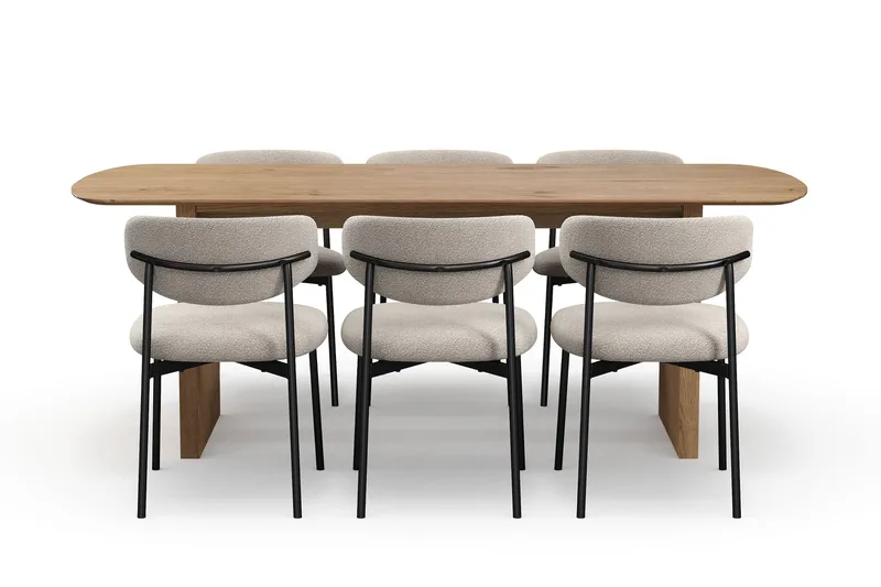 Richeto Matbord 210 cm med 6 Lucy Matstolar - Naturlig finish / Greige Bouclé / Metallben Svart - Products - Möbler - Bord & matgrupp - Matgrupp