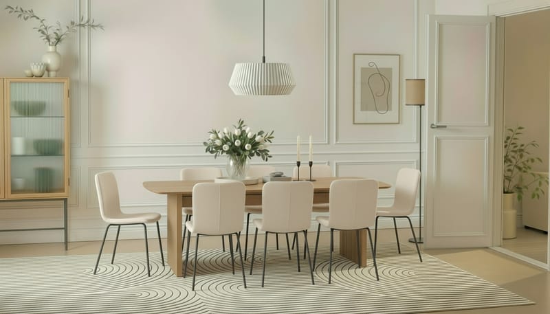 Richeto Matbord 240 cm med 8 Katy Matstolar - Naturlig finish / Vit Bouclé / Metallben Svart - Products - Möbler - Bord & matgrupp - Matgrupp