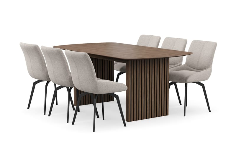 Richeto Matgrupp 180 cm med 6 Mora Snurrstolar, Rökt ek/Mörkbeige