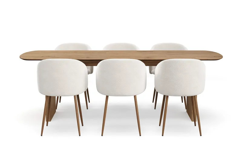 Richeto Matgrupp med 6 Greya Matstolar med Armstöd, Rökt Ek/Vit Bouclé