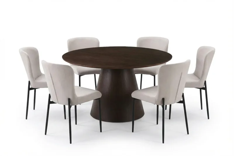 Siena Matgrupp runt 130 cm Rökt Ek med 6 Elsie Matstolar, Rökt ek/Beige