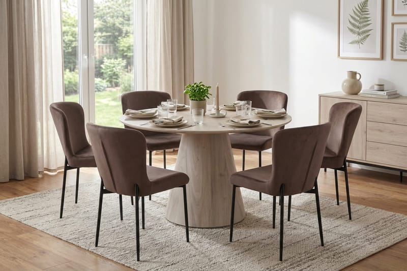 Siena Matgrupp runt 130 cm Vitlaserad med 6 Elsie Matstolar - Vitlaserad/Brun - Products - Möbler - Bord & matgrupp - Matgrupp