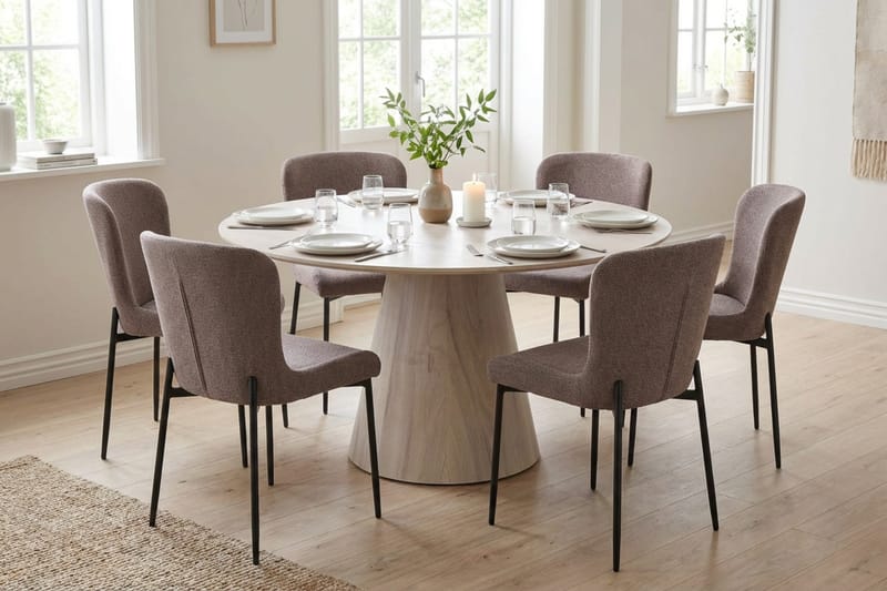 Siena Matgrupp runt 130 cm Vitlaserad med 6 Elsie Matstolar - Vitlaserad/Grå - Products - Möbler - Bord & matgrupp - Matgrupp