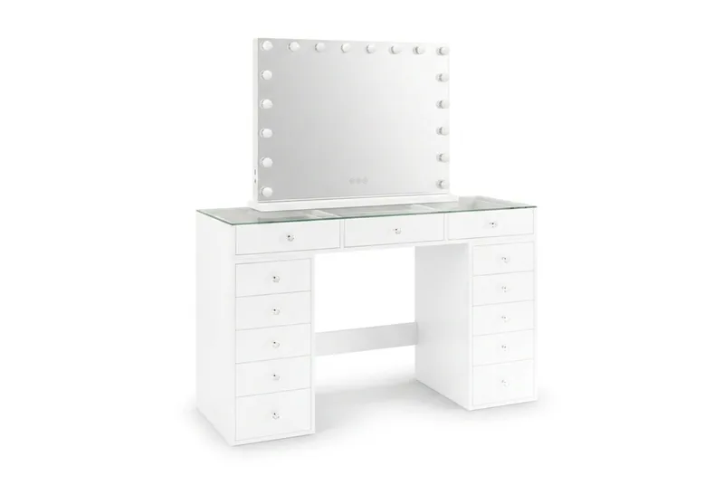 Glow Sminkbord 120 cm med Glasskiva Förvaring och Lådor samt Spegel 80 cm med Belysning - Vit - Products - Möbler - Bord & matgrupp - Sminkbord & toalettbord