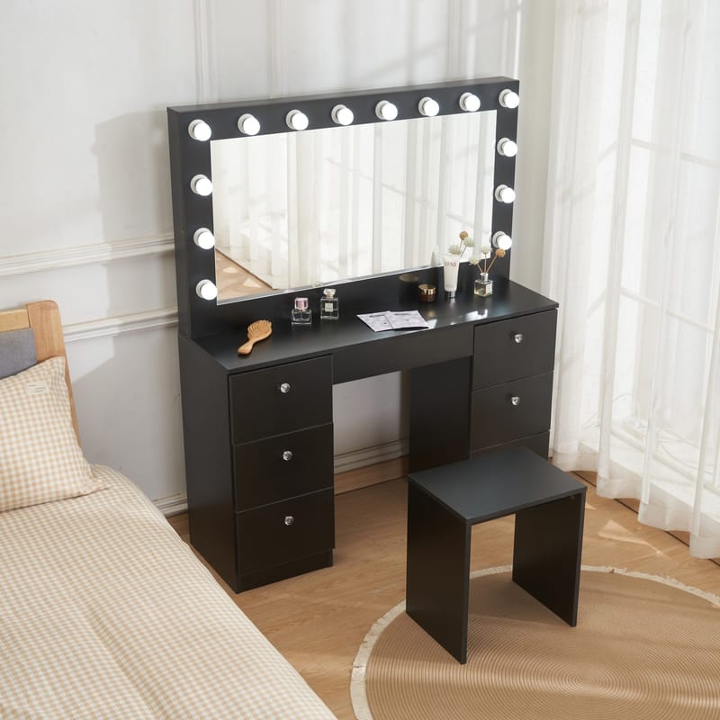 Sminkbord med belysning och kristall-handtag, Svart