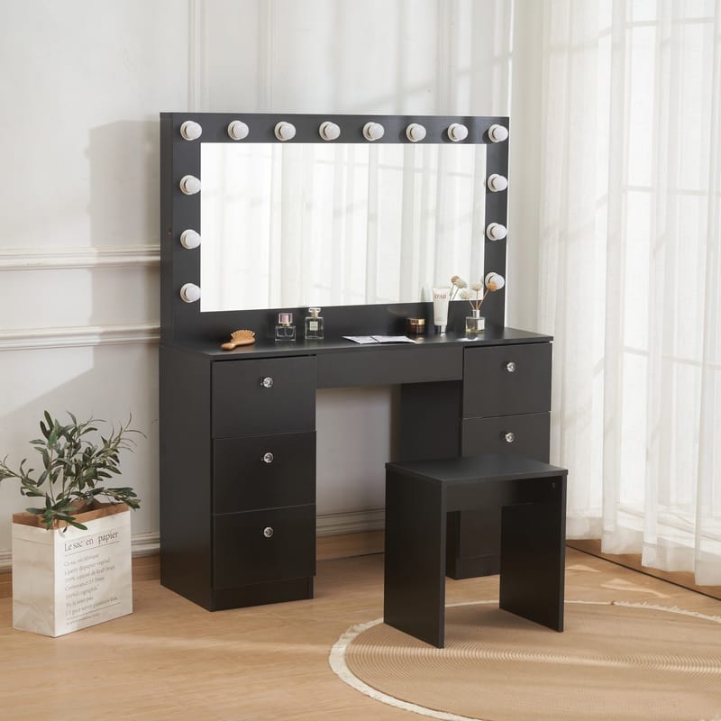 Sminkbord med belysning och kristall-handtag - Svart - Products - Möbler - Bord & matgrupp - Sminkbord & toalettbord