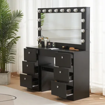 Sminkbord med belysning och kristall-handtag - Svart - Products - Möbler - Bord & matgrupp - Sminkbord & toalettbord