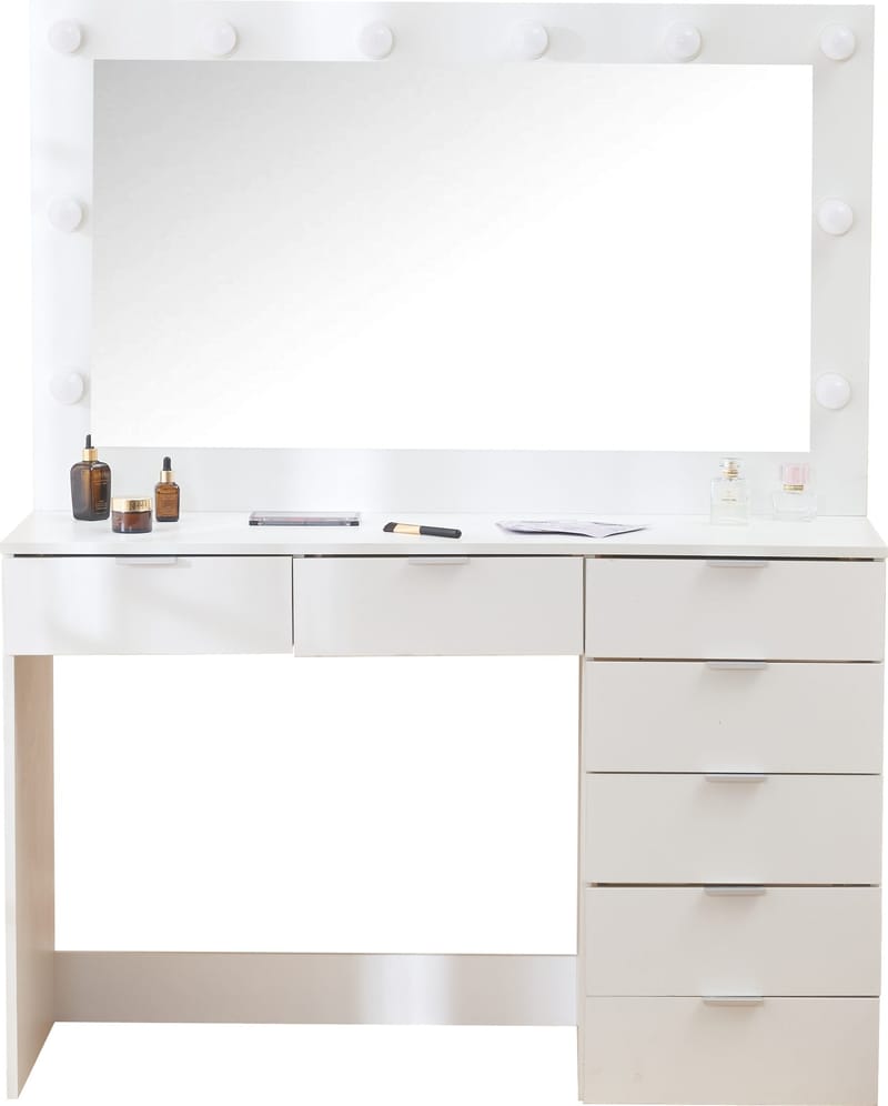 Sminkbord med spegel, belysning och förvaring, Vit