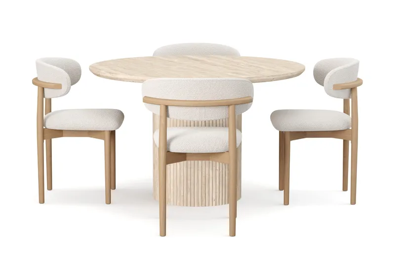 Uppveda Runt Matbord 120cm Travetin utseende med 4 st Jaiveer Matstolar - Beige - Products - Möbler - Bord & matgrupp - Matgrupp