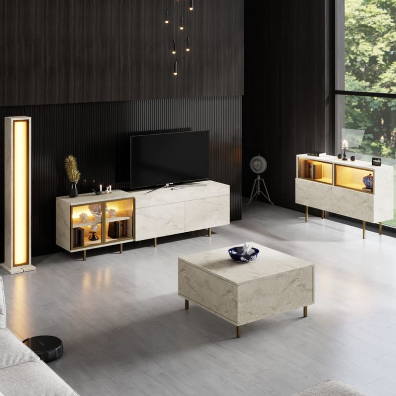 Seyring Tv-bänk 190 cm - Travertin och guld - Products - Möbler - TV- & Mediamöbler - TV bänk & mediabänk