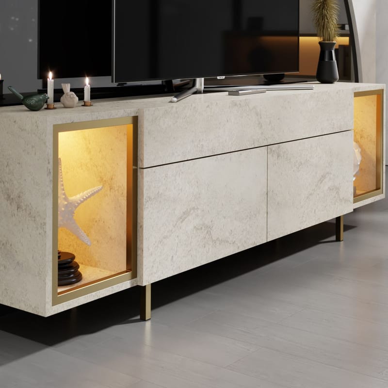 Sosan TV-bänk 180x55x32 cm - Travertin och guld - Products - Möbler - TV- & Mediamöbler - TV bänk & mediabänk