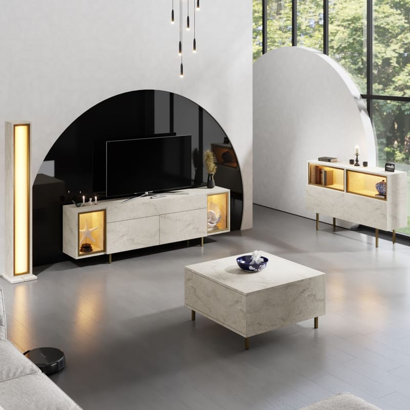 Sosan TV-bänk 180x55x32 cm - Travertin och guld - Products - Möbler - TV- & Mediamöbler - TV bänk & mediabänk