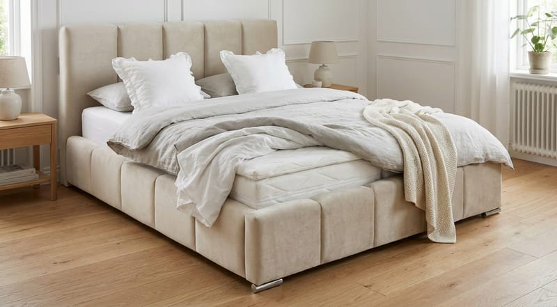Cleaton Sängram 160x200 cm med Förvaring HVILA Resårmadrass och Bäddmadrass i Latex med Tvättbar klädsel - Beige/Vit - Products - Möbler - Säng - Komplett sängpaket