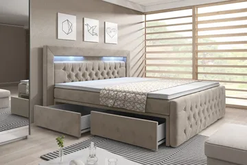 Franco Komplett Sängpaket med förvaring LED-belysning 180x200 cm - Beige / Sammet - Products - Möbler - Säng - Säng med förvaring