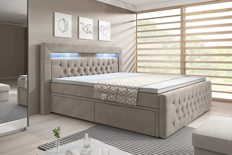 Franco Komplett Sängpaket med förvaring LED-belysning 180x200 cm, Beige / Sammet