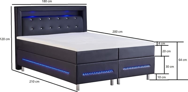 Kontinentalsäng med LED-belysning 180 cm - New York, Svart