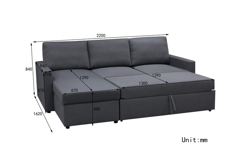 Bäddsoffa 220 cm bred mörkgrå med förvaring - Mörkgrå - Products - Möbler - Soffa - Bäddsoffa - Bäddsoffa divan