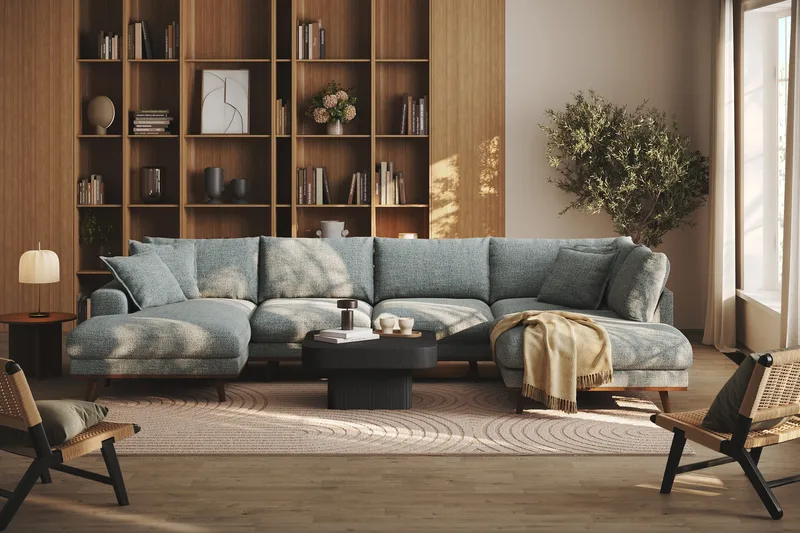 Copenhagen Premium 5-sits Högervänd U-formad Djup Soffa med Divan och Schäslong i Chenille - Grå/Blå - Products - Möbler - Soffa - U-soffa